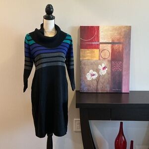 connected apparel Black Cowl Neck Sweater Dress with Blue, Teal & Gray Stripes